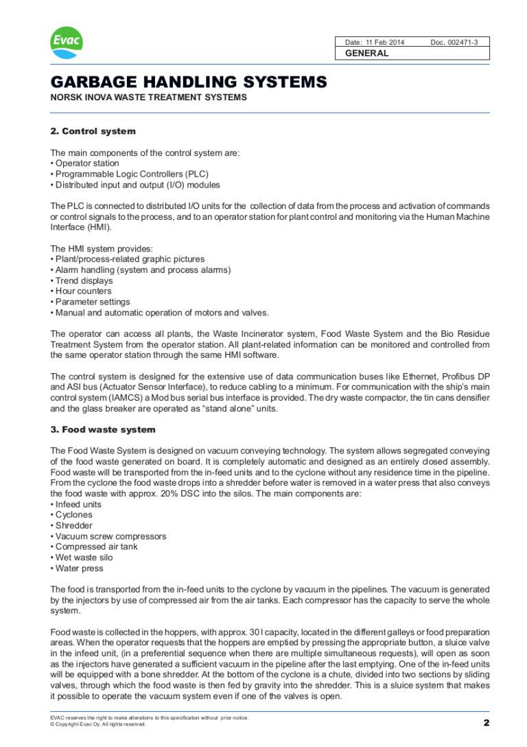 EVAC Garbage Handling Systems Marine Spares